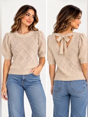 B.young Textured Wool Diamond Knit Short Sleeve Sweater Cream Ivory NWT S
